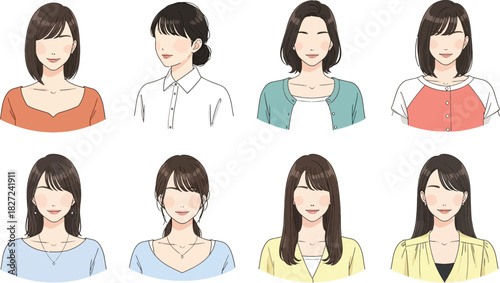 Collection of diverse women portraits in watercolor style illustration