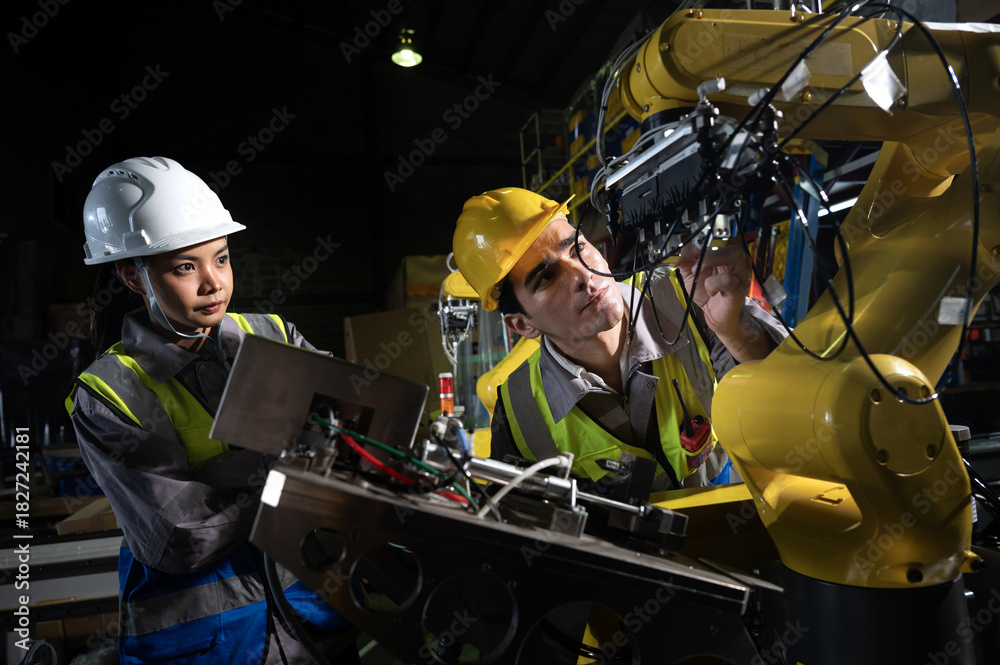 Fototapeta premium Engineers collaborate with robotic arm modern factory workshop, focused industrial teamwork dramatic light, precision maintenance and safety gear highlight skilled operation and calm determination