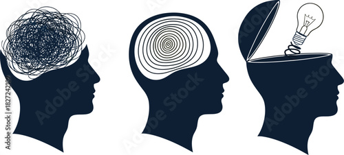 Mental clarity and problem solving process represented by three head silhouettes