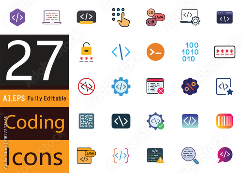 A conceptual series of line icons illustrating programming, coding, and essential technology functions. Ideal for infographics, educational content, and modern digital interfaces.
