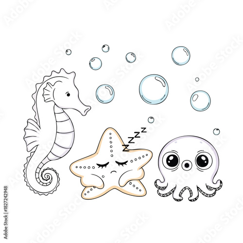 Cute Sea Animals Flat Vector Illustration with Seahorse Sleeping Starfish and Octopus