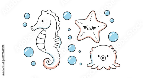 Cute Sea Animals Flat Vector Illustration with Seahorse Starfish and Octopus Characters