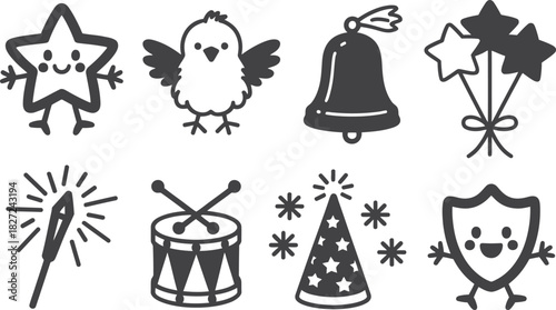 Cute Cartoon Icons: Star, Chick, Bell, Sparklers, Drum, Party Hat, Shield