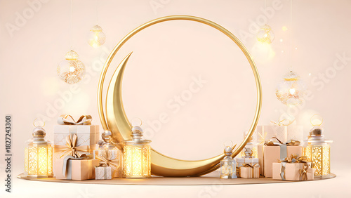 3D Ramadan Crescent and Decorative Frame Background