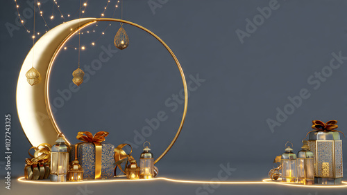 3D Ramadan Crescent and Decorative Frame Background