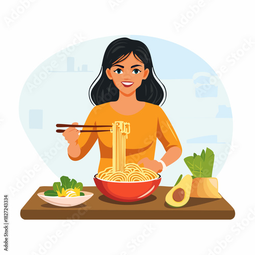 Woman Cooking Ramen Noodles with Chopsticks.
