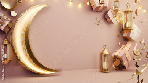3D Ramadan Crescent and Decorative Frame Background