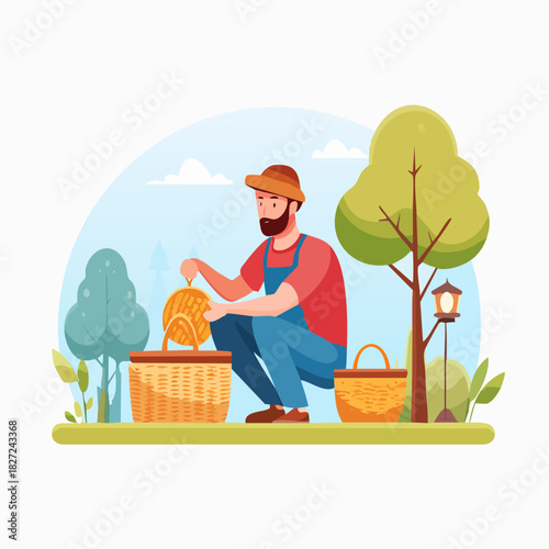 Male artisan weaving a basket outdoors.