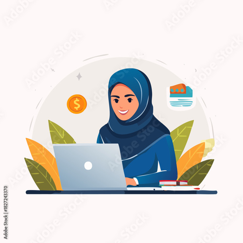 Woman in hijab working on a laptop illustration.