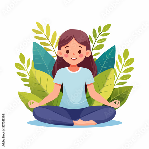 Young girl meditating in lotus pose surrounded by greenery.