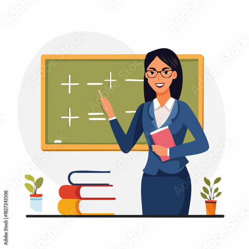Female teacher instructing math at chalkboard.