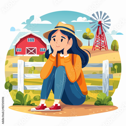 Thoughtful young girl seated wearing a sun hat.