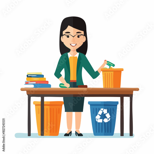 Woman Recycling at Desk with Bins and Books.