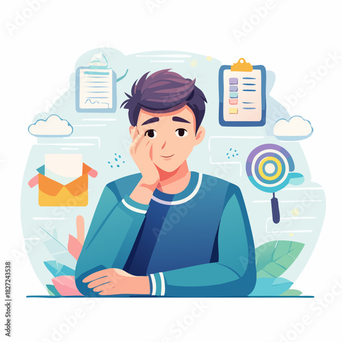 Young man resting his head on his hand in blue shirt.