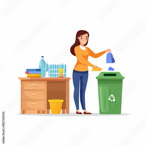 Woman Recycling Action With Green Trash Can.