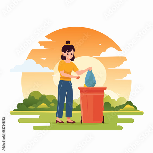 Young woman disposing trash into a bin outdoors.