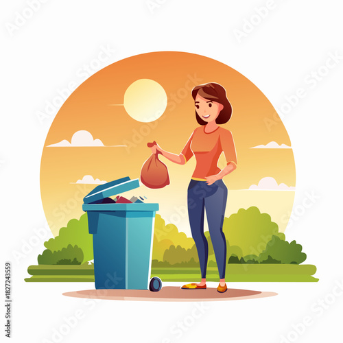 Woman Holding Rubbish Bag Near Trash Bin At Sunset.
