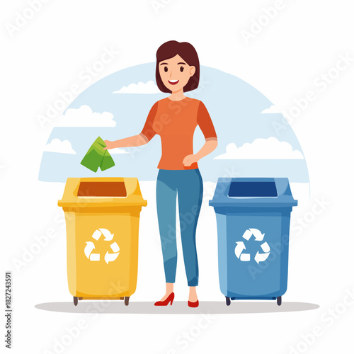 Woman Recycling Near Colorful Bins In Orange Shirt.