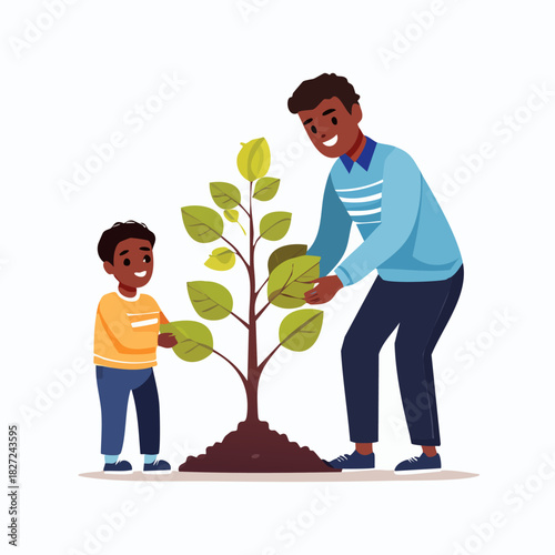 Adult man planting a tree with child helper.