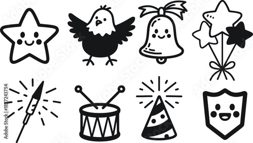 Cute Cartoon Icons: Star, Bird, Bell, Sparkler, Drum, Party Hat, Shield