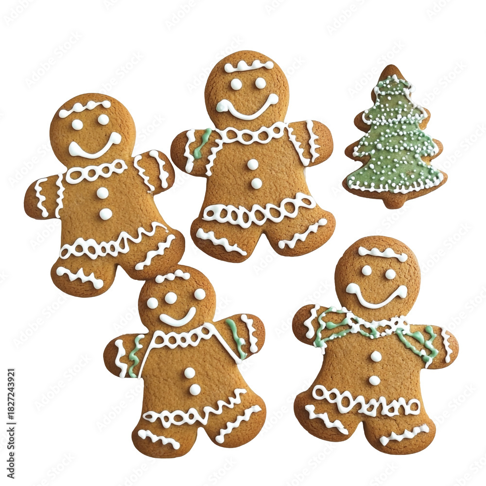 Fototapeta premium Gingerbread cookies group with christmas tree isolated on transparent background