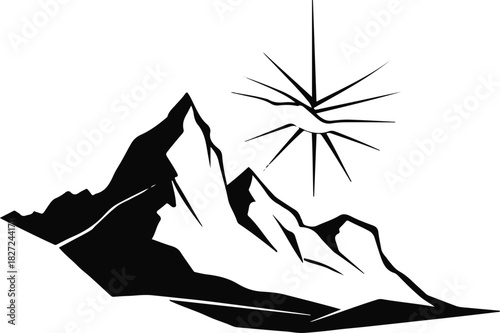 Bold single-stroke silhouette of a mountain ridge merging seamlessly into a rising sun, minimal geometric edges 1
