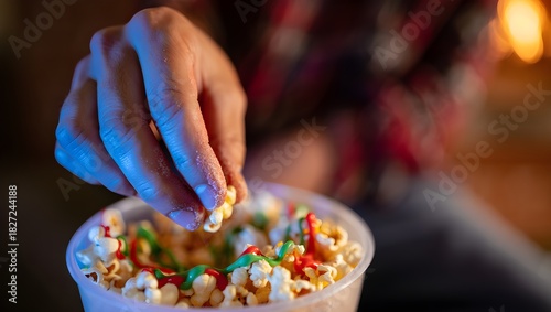 Hand Picking Red and Green Drizzled Popcorn