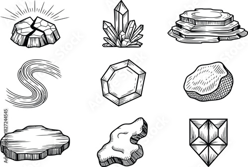Collection of Hand-Drawn Minerals, Crystals, and Geological Formations