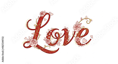 Romantic Typography Art "Love" Decorated with Delicate Roses and Heart Accents
