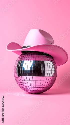 Pink cowboy hat on a disco ball against a vibrant pink background, symbolizing fun, celebration, and a playful party atmosphere.