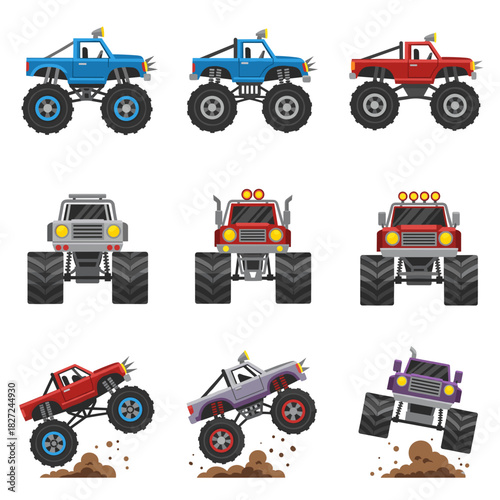 A collection of nine colorful monster trucks shown from various angles and in action poses vector.