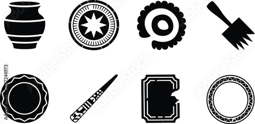 Collection of Black and White Icons: Pottery, Symbols, and Tools