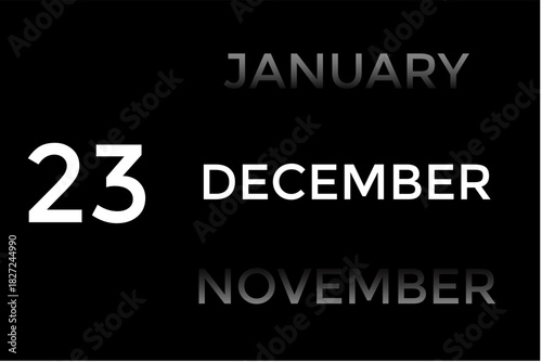 December 23 calendar with black background. A minimalist calendar template with well-structured date boxes and a sleek layout. This image is ideal for illustrating concepts such as time planning