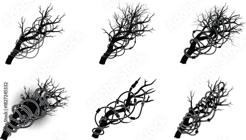 Abstract tangled cables merging with branching tree silhouette, creative energy concept illustration, surreal technology connection artwork in black and white style