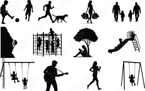 Diverse silhouettes of people enjoying various activities and leisure time