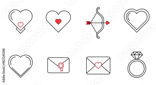 Collection of eight valentine's day themed icons including hearts, love letters, bow and arrow, and ring on a white background