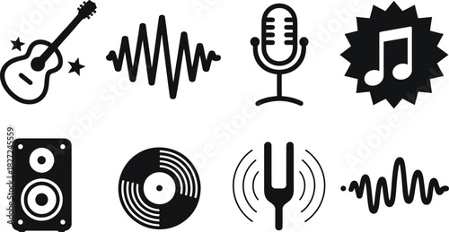 Collection of Music and Sound Icons: Guitar, Microphone, Speaker, Vinyl Record, and More