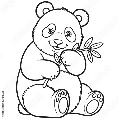 Adorable Panda Illustration for Coloring Books and Educational Materials Featuring a Cute Panda Holding Bamboo Leaves Ready to be Colored and Customized