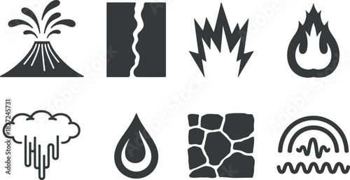 Collection of Eight Stylized Icons Representing Natural Elements and Phenomena