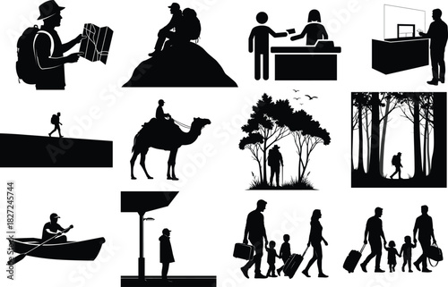 Silhouettes of people traveling and exploring different locations