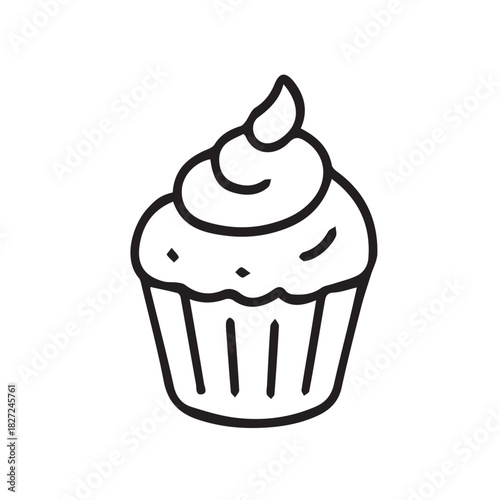 A black and white vector illustrates a simple cupcake with tidy lines and a rounded frosting swirl, offering a clean food themed design that feels light, minimal, and visually pleasing.