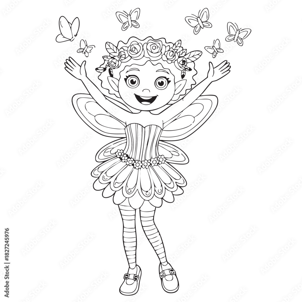 Obraz premium Charming Fairy Girl Coloring Page with Butterflies and Floral Crown for Creative Fun and Relaxation a Delightful Activity for Children and Adults Alike