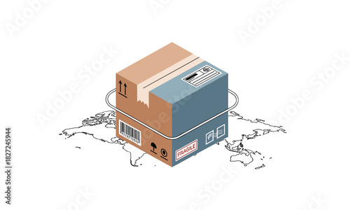 Global shipping concept with stacked cardboard boxes, worldwide delivery and export services, international logistics and freight transport solutions