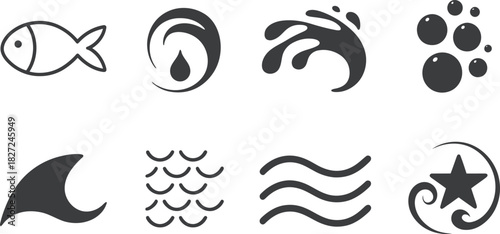 Collection of 8 stylized icons representing water, nature, and abstract elements