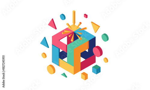 Stunning isometric design with vibrant colors and geometric shapes creating dynamic energy, perfect for modern creative projects and innovative concepts, originally vector