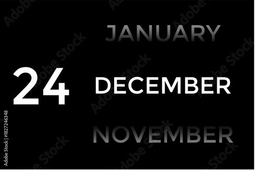December 24 calendar with black background. A minimalist calendar template with well-structured date boxes and a sleek layout. This image is ideal for illustrating concepts such as time planning