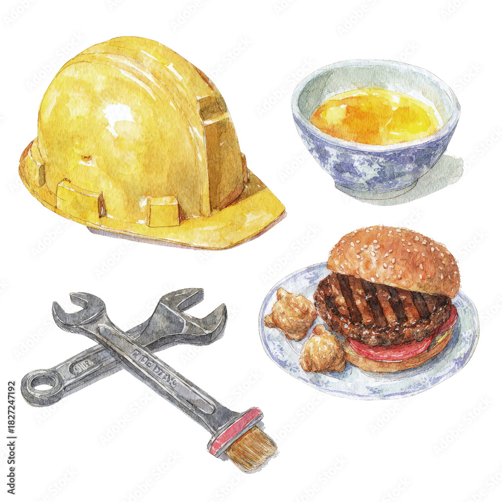 Fototapeta premium Watercolor illustrations of a hard hat, a bowl of soup, a hamburger, and wrenches on a black background.