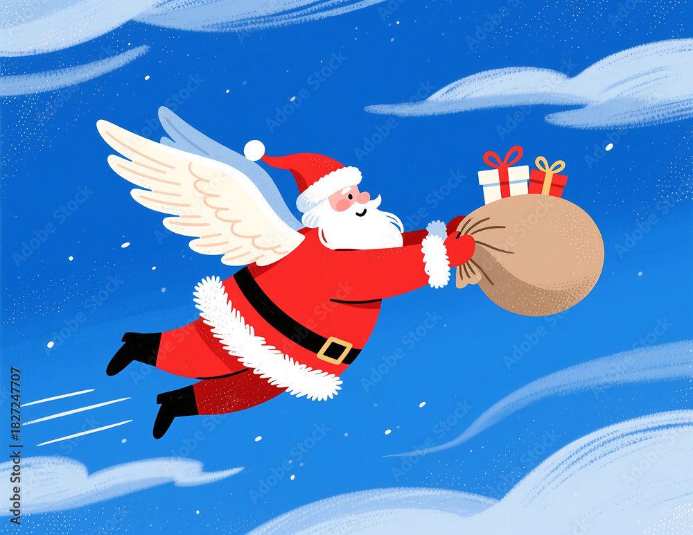 Naklejka premium Santa Claus Flies with Gifts in Winter Sky