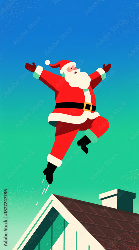 Obraz premium Santa Claus rises from rooftop during winter holidays