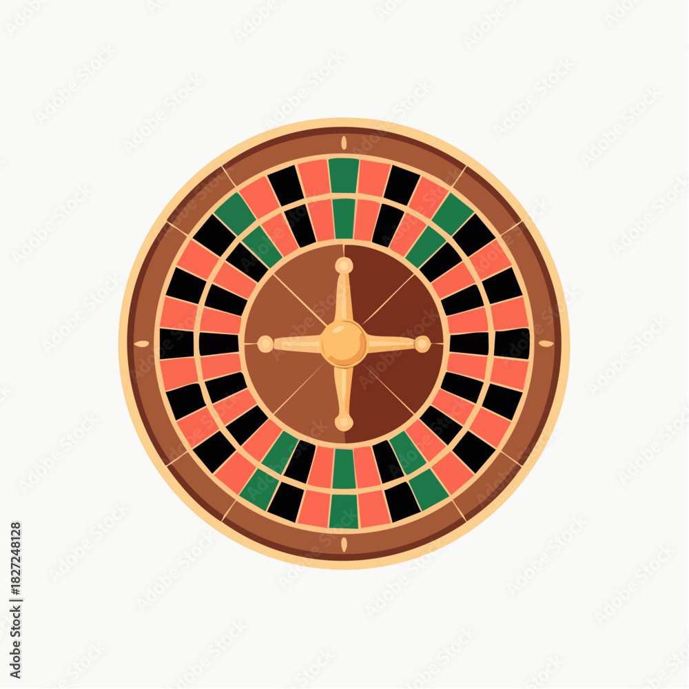 Obraz premium Top-down view of a classic roulette wheel with red, black, and green pockets, featuring a golden center and wooden rim, ready for a game of chance.